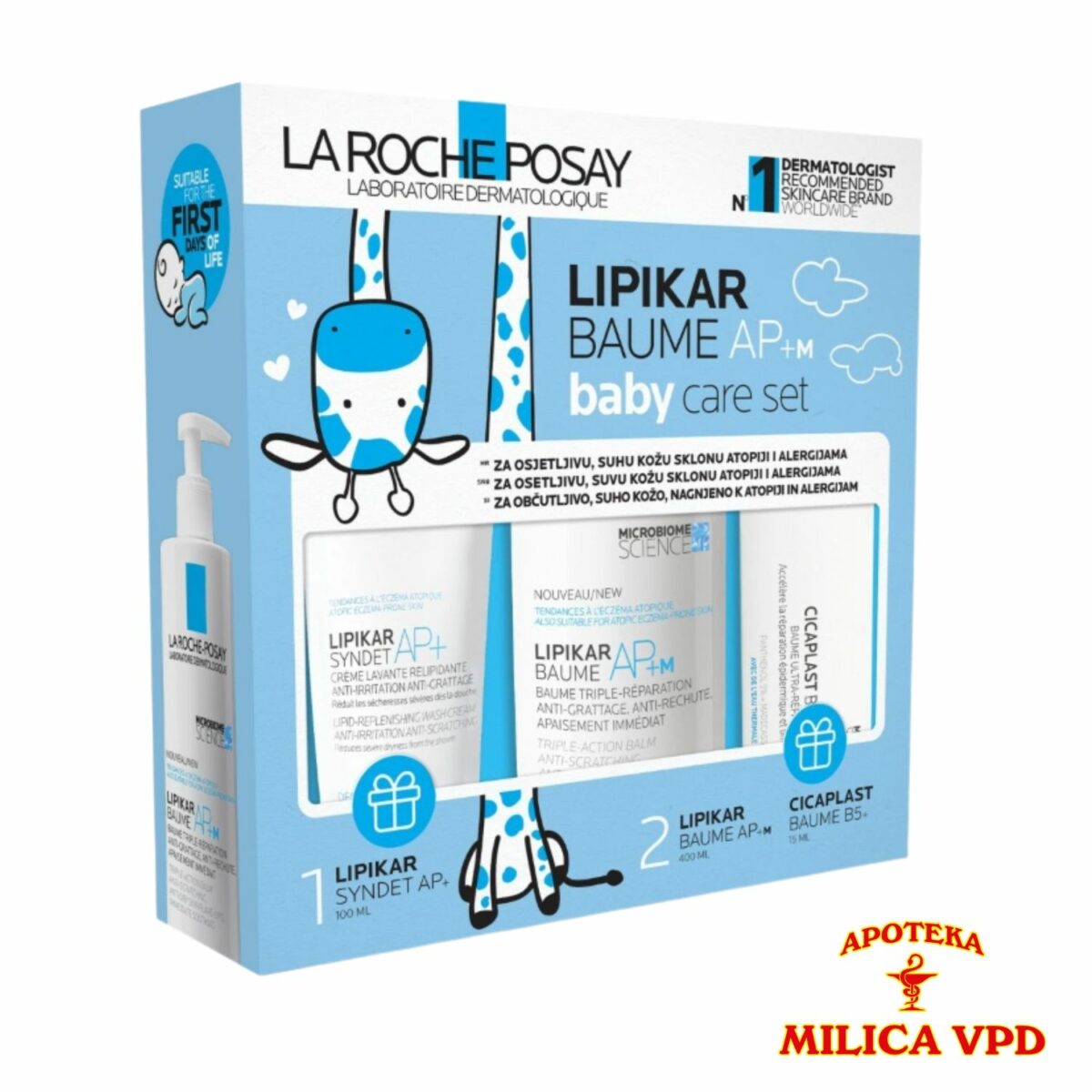 La Roche-Posay Baby set LIPIKAR SYNDET AP+ Kremasti gel za tuširanje obogaćen lipidima za svakodnevno pranje osetljive suve kože s osećajem svraba i iritacija, 100 ml + LIPIKAR BAUME AP+M Balzam protiv iritacije i svraba koji vrača lipide i trenutno umiruje kožu, 400 ml + CICAPLAST BAUME B5 Balzam za bebe, decu i odrasle koji obnavlja i umiruje nadraženu kožu i trenutno umiruje osećaj peckanja, 15 ml
