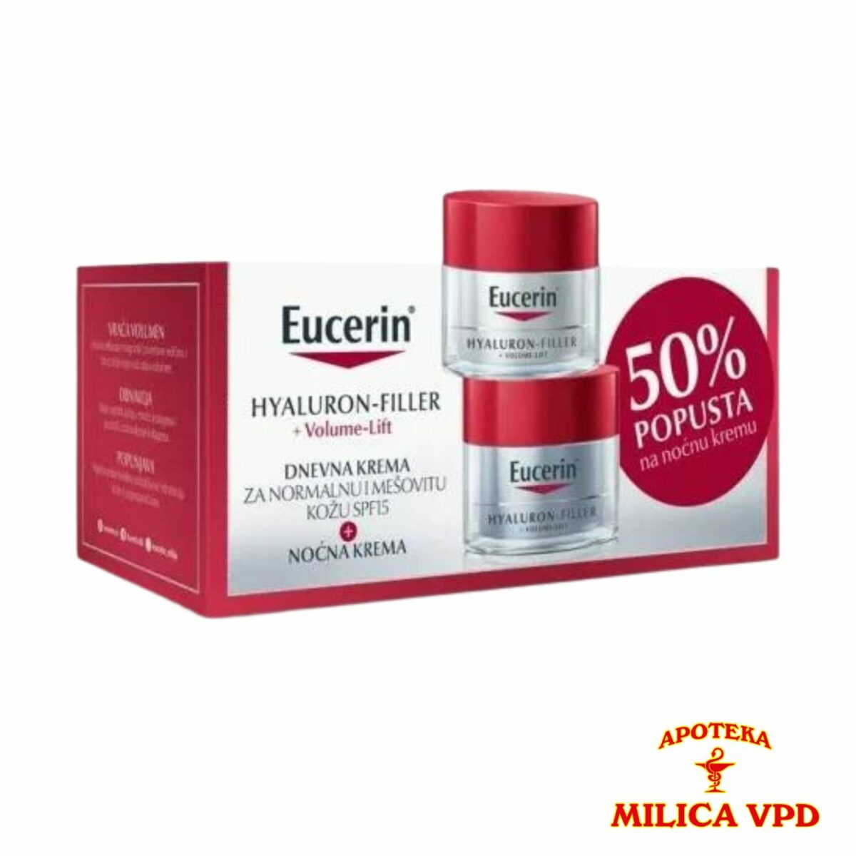 Eucerin Hyaluron Filler Volume Lift dnevna krema za normalnu i mešovitu kožu sa SPF 15+ 50ml + Eucerin Hyaluron Filler Volume Lift noćna krema 50ml