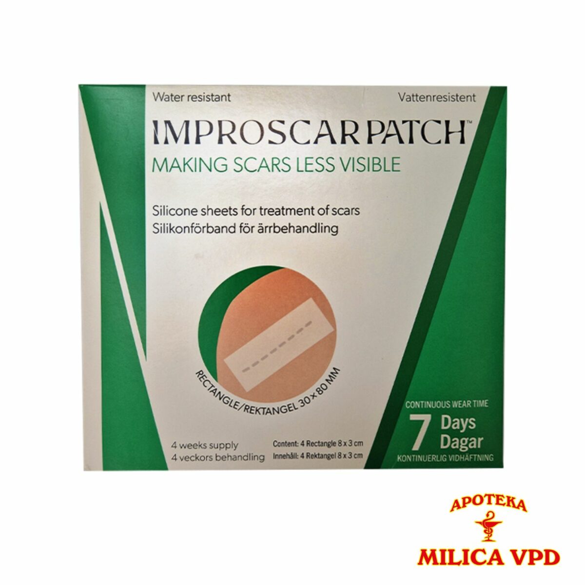 Improscar Patch silikonski flaster Rectangle za tretman ožiljaka nakon intervencije različitih tipova kožnih lezija 3x8