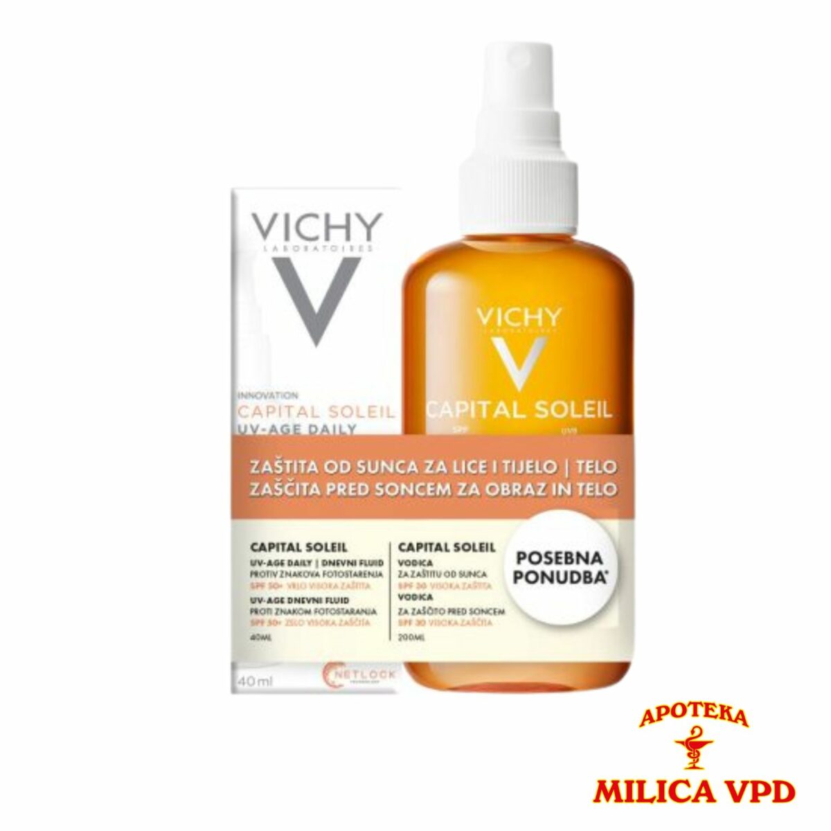 Vichy Capital Soleil UV Age Daily fluid SPF 50+ 40ml + Vichy Capital Soleil UV vodica za zaštitu od sunca SPF 30+ 200ml